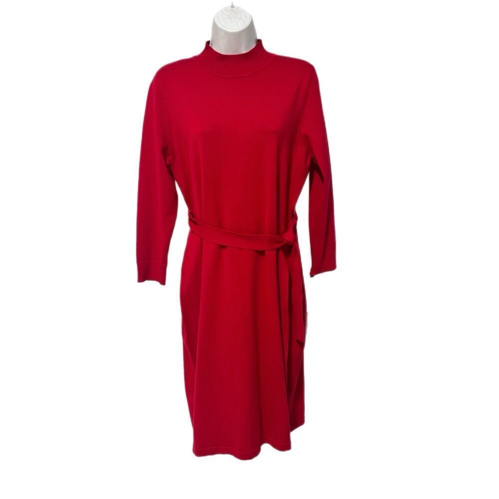 Calvin Klein Size L Red Belted Sweater Dress Mock Neck Career Old Money NEW